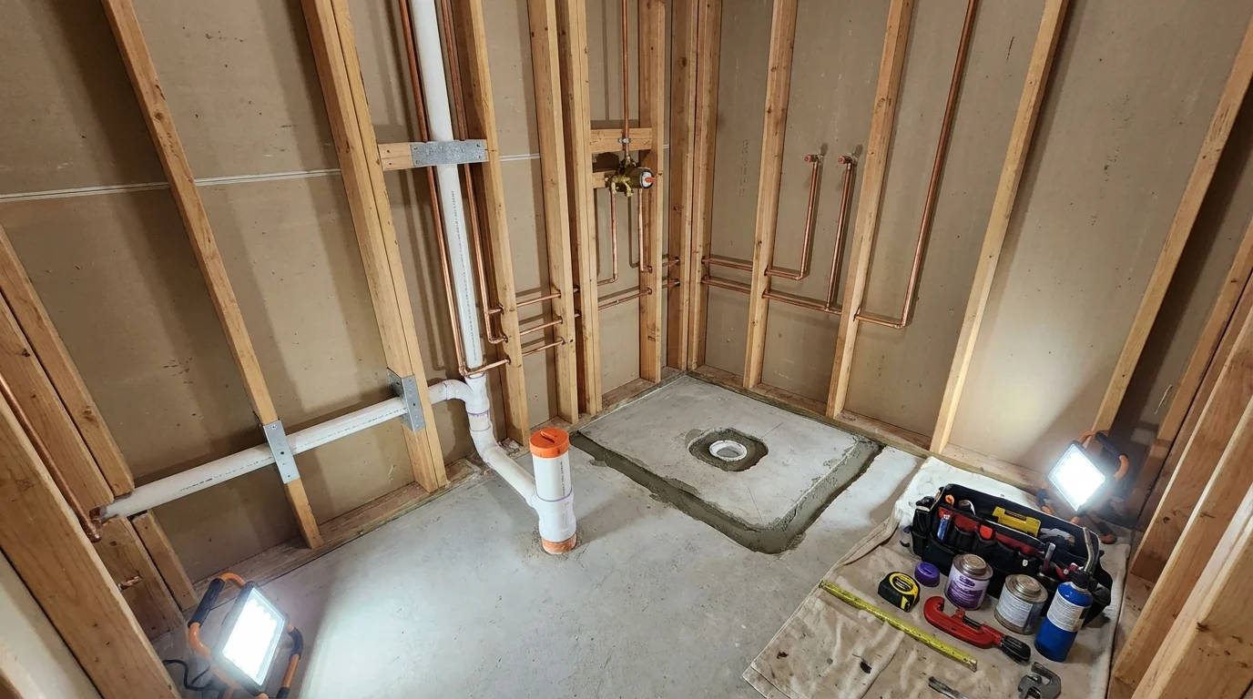 Bathroom rough-in plumbing during remodel by Johns Plumbing LLC in Dixfield