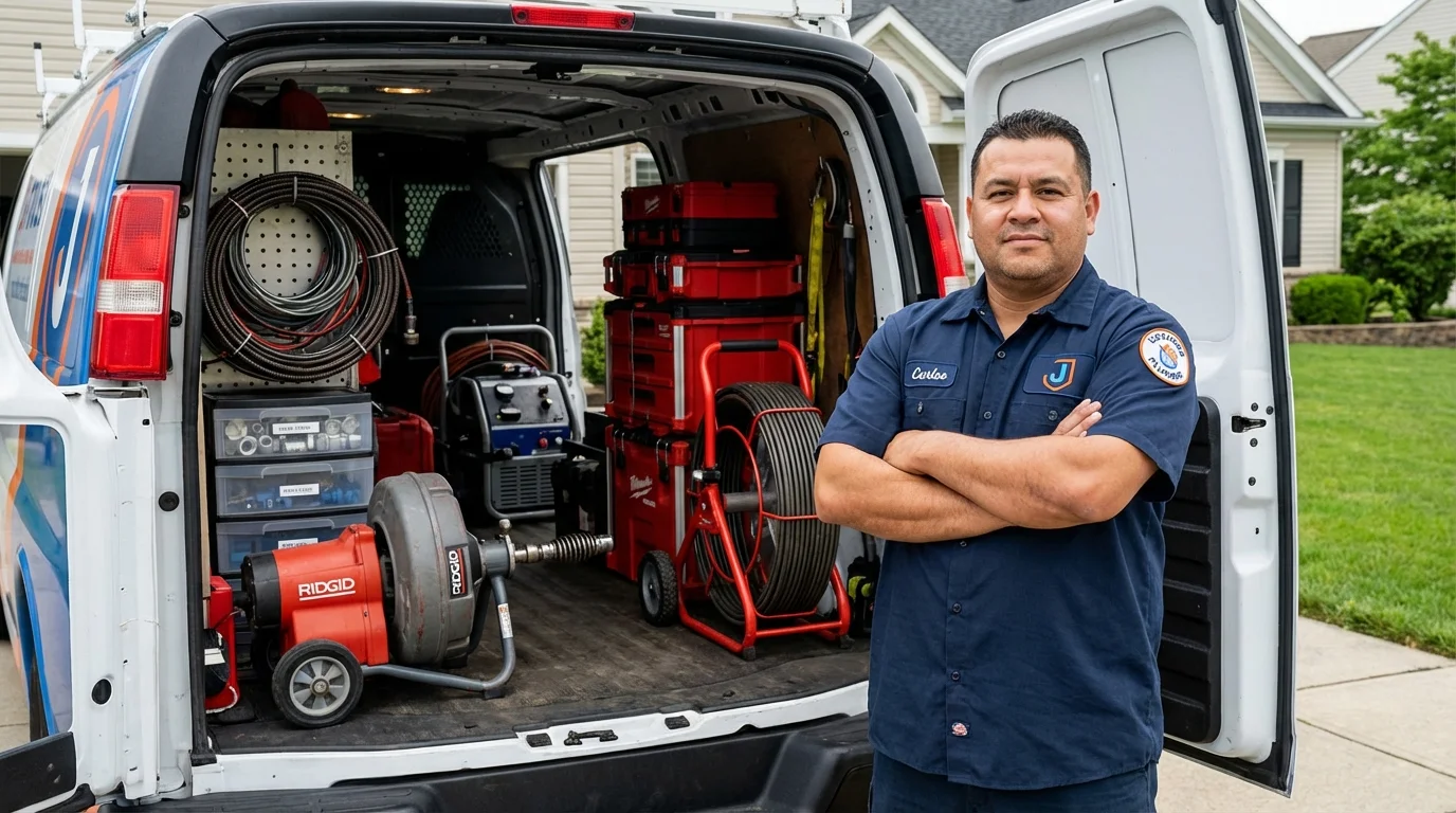 Professional drain cleaning equipment and Johns Plumbing LLC plumber in Dixfield