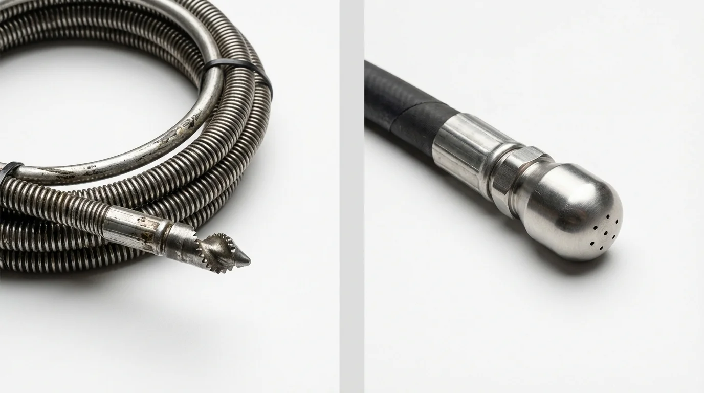 Drain snake cable and hydro jetting nozzle used for drain cleaning in Dixfield, ME