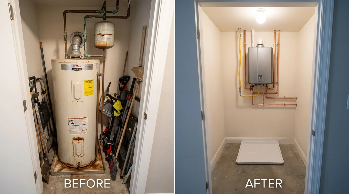 Tank water heater versus wall-mounted tankless unit comparison for Dixfield, ME homeowners