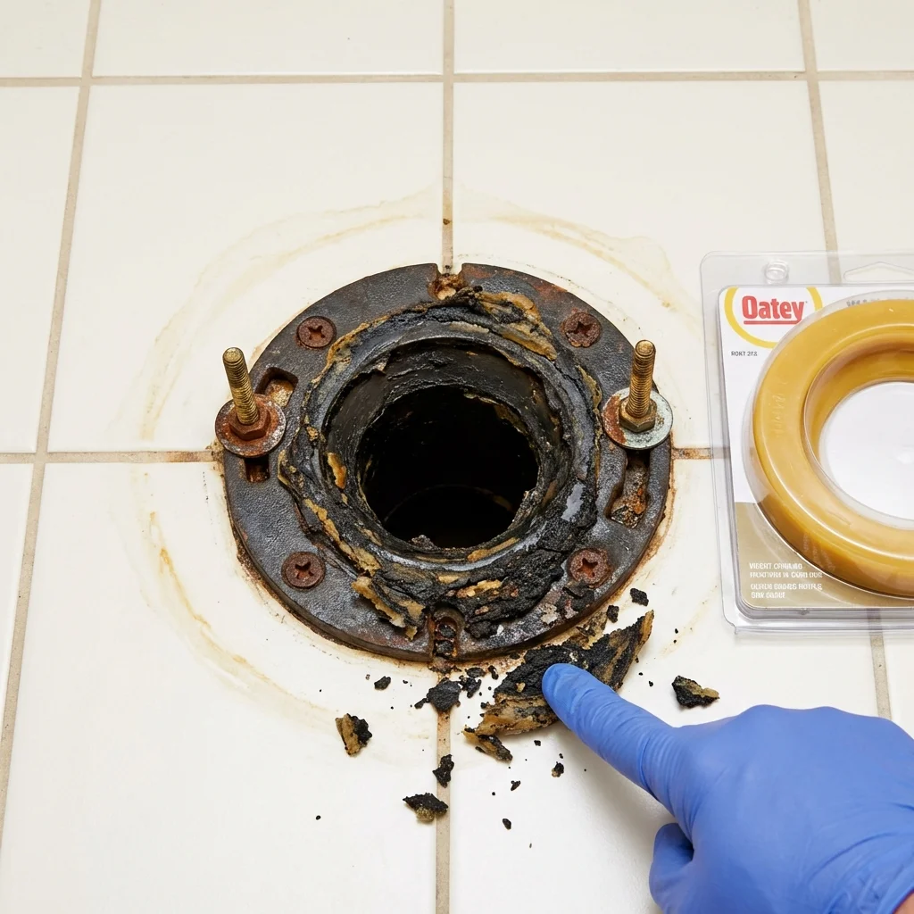 Failed wax ring showing water seepage at the base of a toilet in a Dixfield, ME home