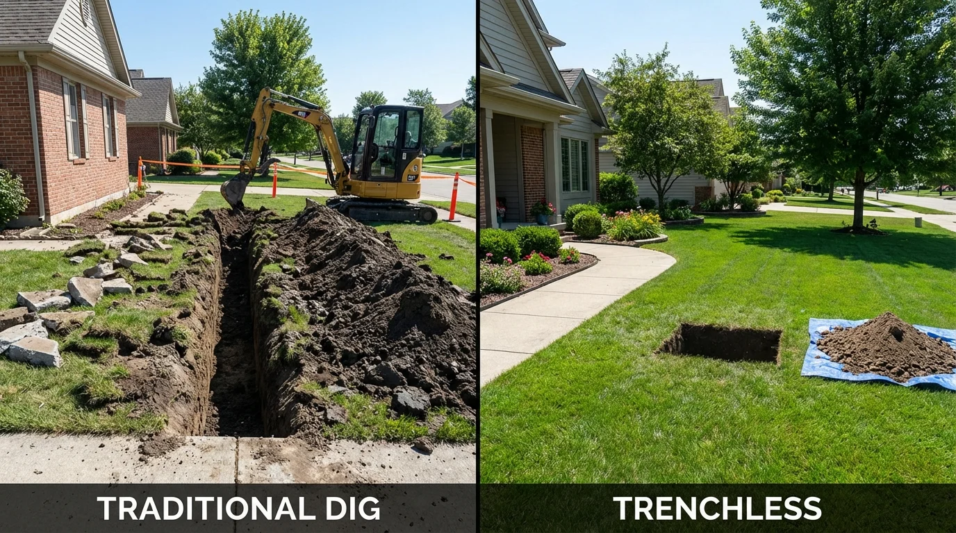 Trenchless sewer repair with minimal yard damage versus traditional excavation in Dixfield, ME